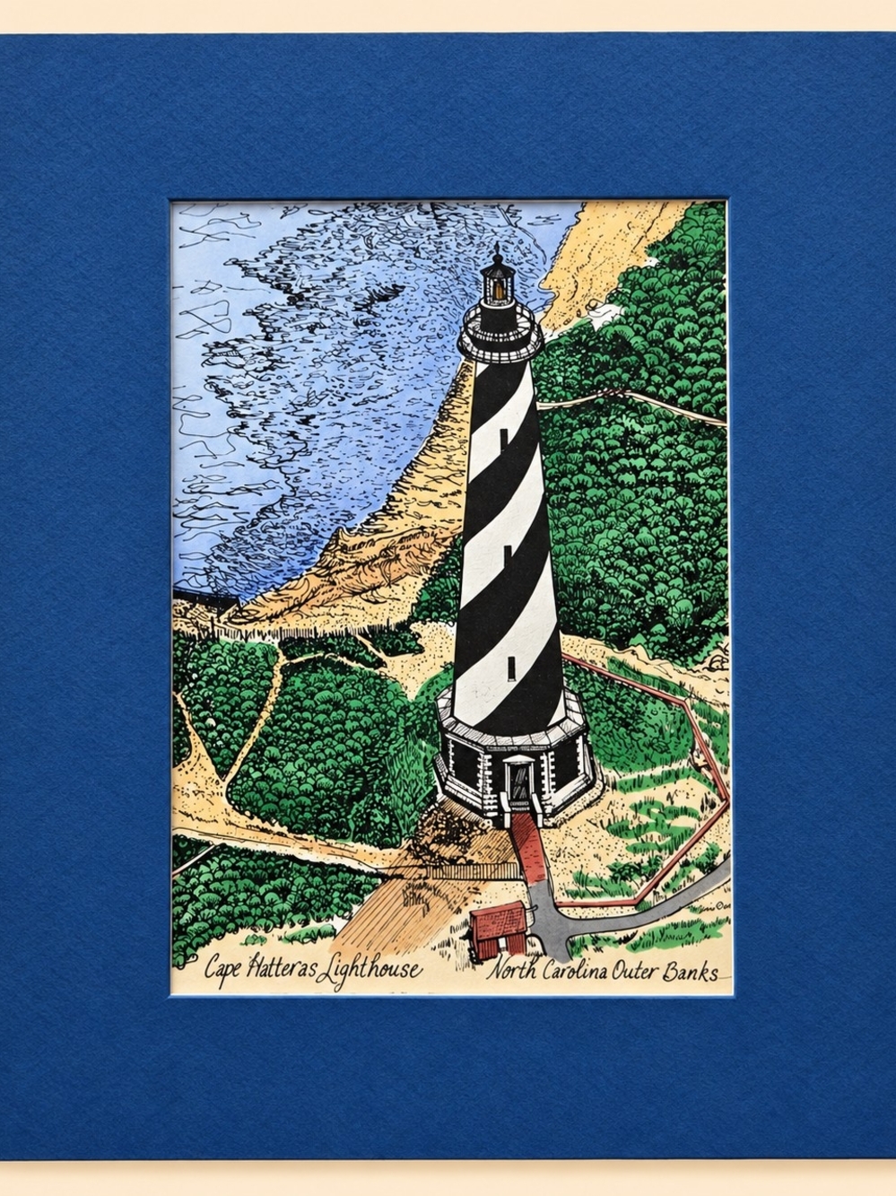 Cape Hatteras Lighthouse Art Print - Blue Mat, Black & White Lighthouse